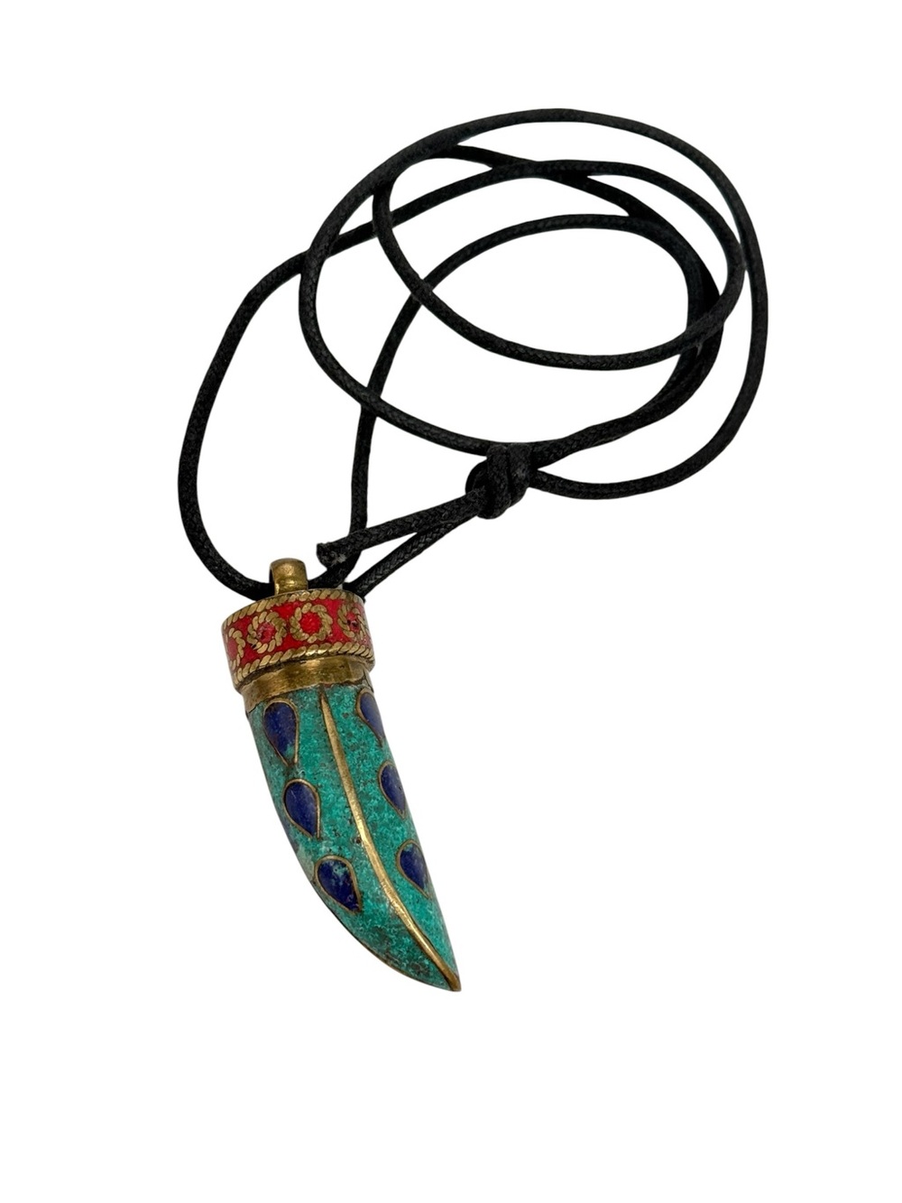 Tibetan-style horn pendant mosaic of turquoise and lapis lazuli inlaid in brass.